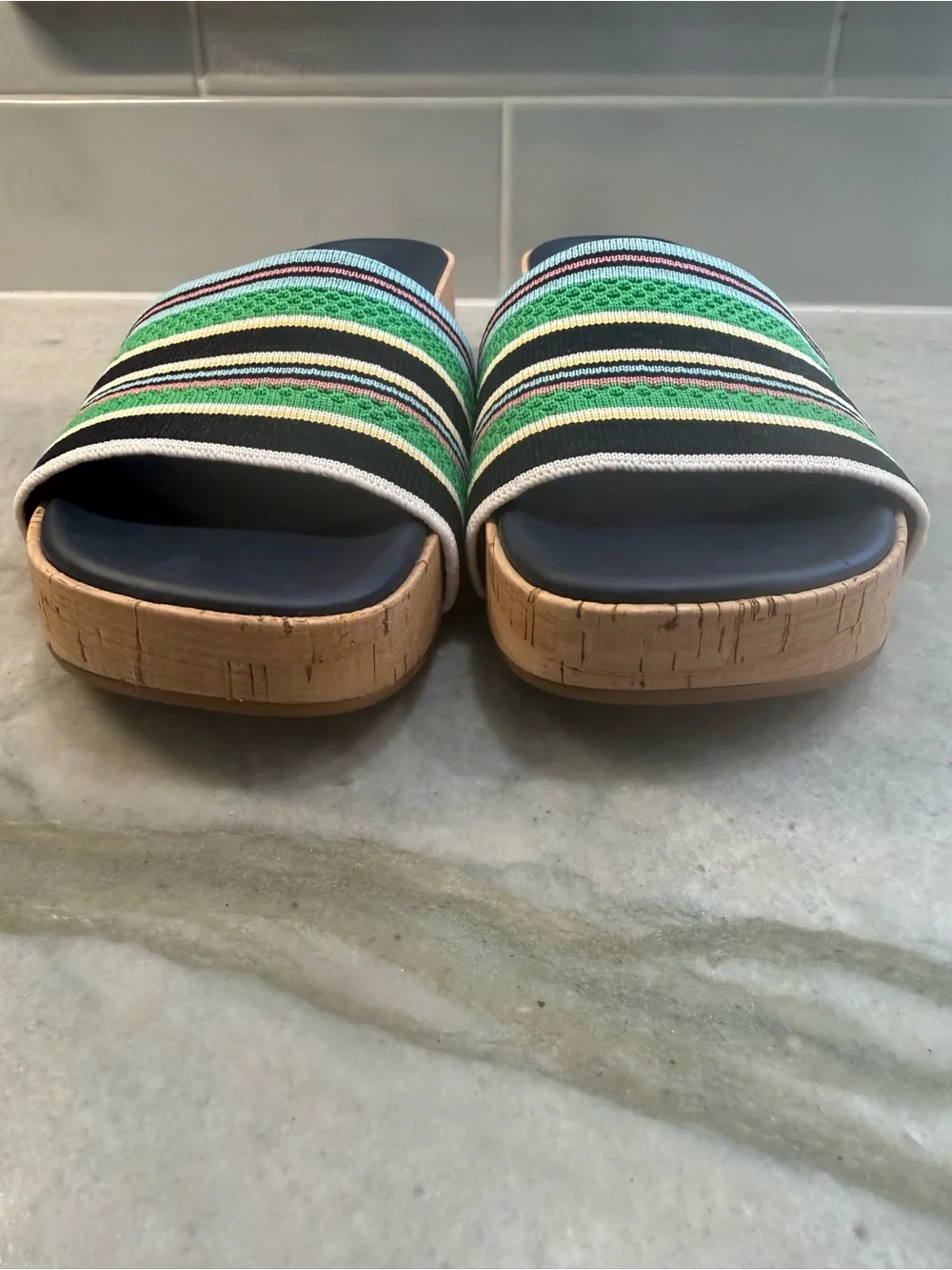 kate spade Navy, Green & Black Striped Cork Slide Sandals